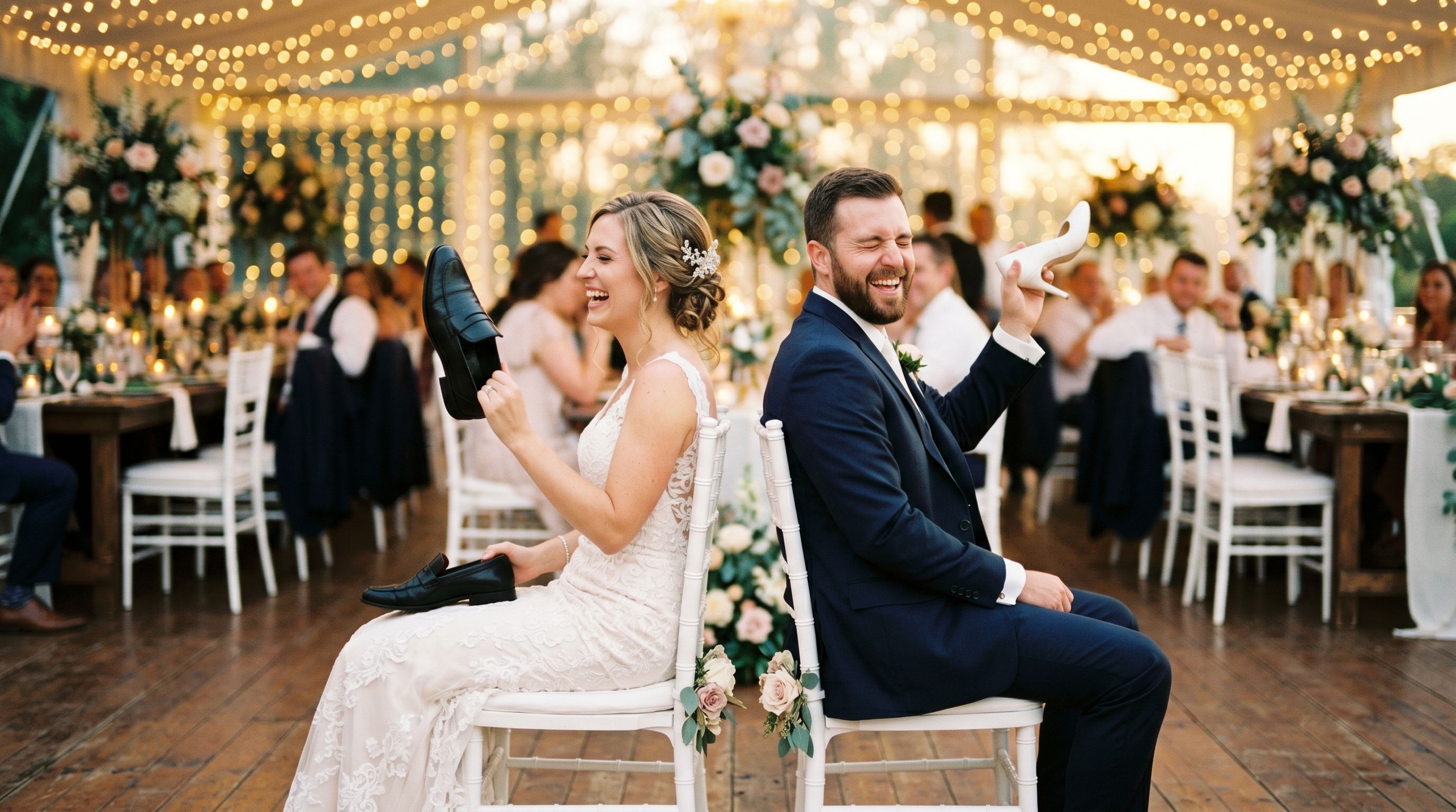 Wedding guests laughing as the couple plays the shoe game at the reception